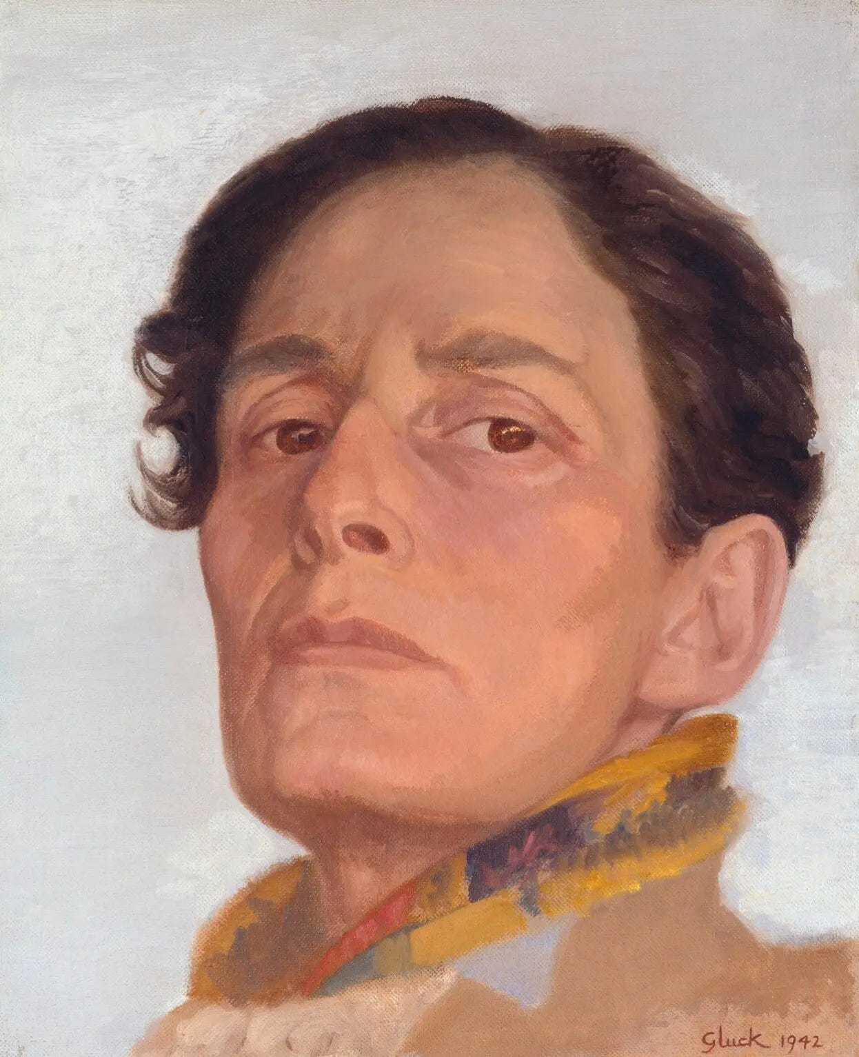 Painted portrait of a Gluck gazing downwards, with a slight stern and solemn expression. They are wearing a multicolored scarf and a neutral tan jacket. The painting style is realistic. They have short dark brown hair, and white skin with hints of pink on their face and ears. The background is a light grey. Gluck's name and the year this was painted are in the bottom right corner in red. Painted portrait of a Gluck gazing downwards, with a slight stern and solemn expression. They are wearing a multicolored scarf and a neutral tan jacket. The painting style is realistic. They have short dark brown hair, and white skin with hints of pink on their face and ears. The background is a light grey. Gluck's name and the year this was painted are in the bottom right corner in red.
