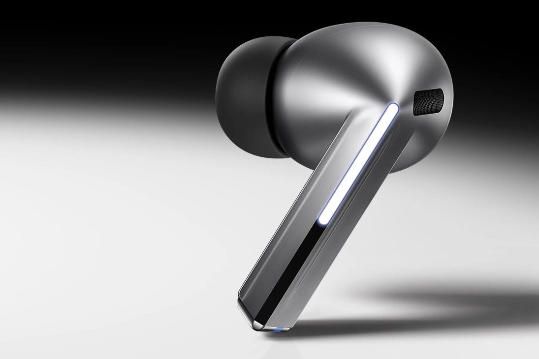 A Samsung Galaxy 3 Pro earbud with an illuminated blade light. A Samsung Galaxy 3 Pro earbud with an illuminated blade light.