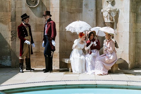 Models in regency dress enjoy the accomodations at the Gainsborough Bath Spa, high tea, a chat beside the spa, a walk through Bath, lounging on a shady Georgian stoop, a stroll through the city, a countryside walk, a visit to the Royal Crescent, and a drink at the Gainsborough bar