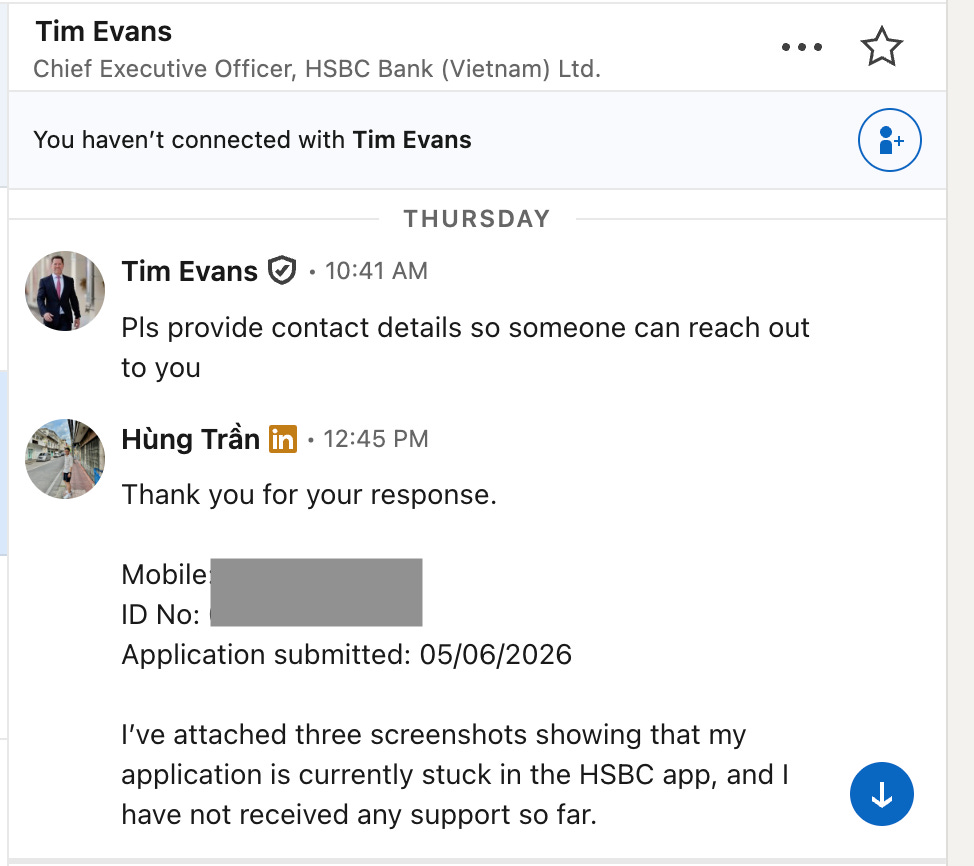 Trao đổi trên LinkedIn với CEO HSBC Tim Evans phản hồi về đơn mở tài khoản