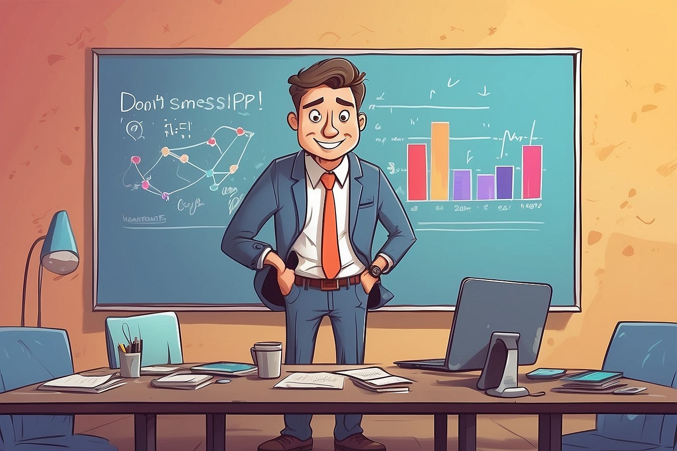 man standing in front of chalkboard in boardroom trying to look confident.