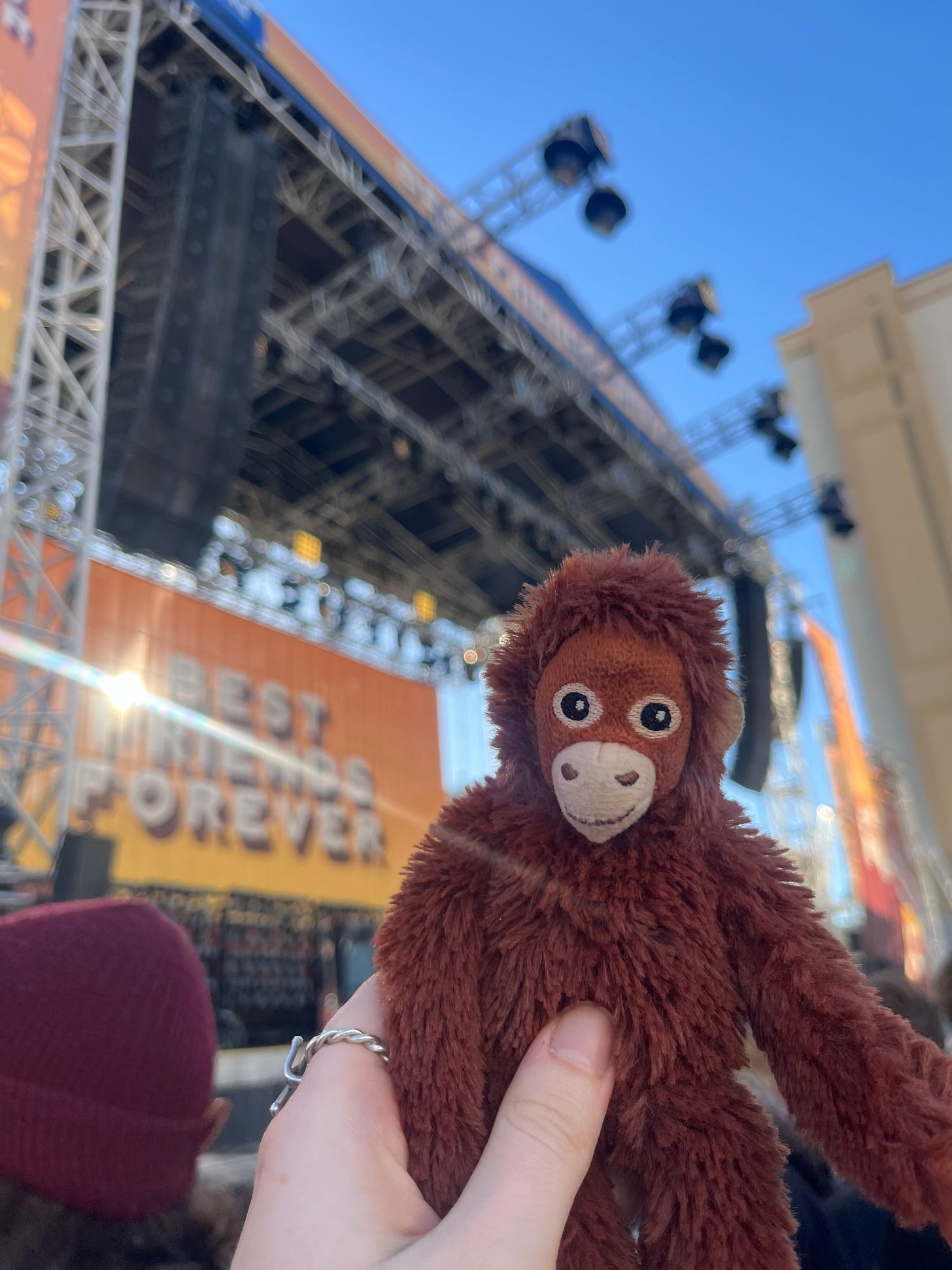 A small orangutan plush being held up in front of an outdoor stage. There are orange banners behind him that say BEST FRIENDS FOREVER.