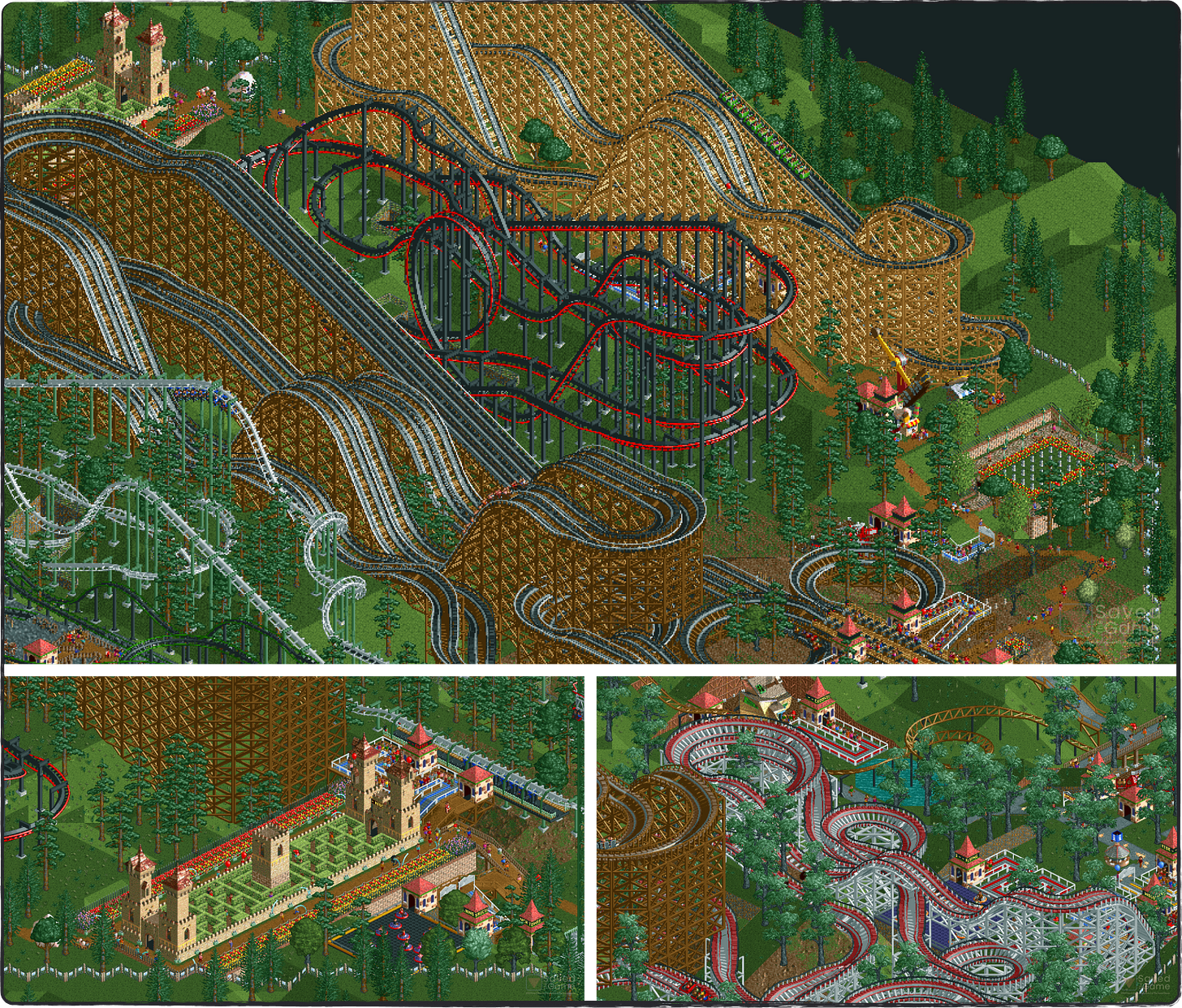 A collage of images showing a map I made in RollerCoaster Tycoon! A collage of images showing a map I made in RollerCoaster Tycoon!