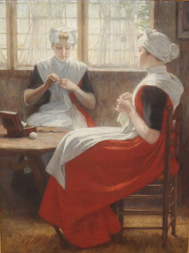 'Twee weesmeisjes aan het raam, de een breiende en de ander naaiende' - olieverf op doek (toegeschreven aan) Nicolaas van Waay (kavel 1169 Korst van der Hoeff) 'Twee weesmeisjes aan het raam, de een breiende en de ander naaiende' - olieverf op doek (toegeschreven aan) Nicolaas van Waay (kavel 1169 Korst van der Hoeff)