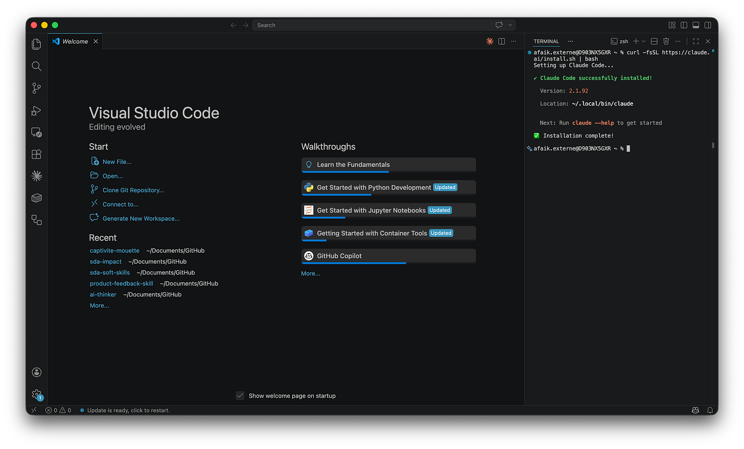 VS Code showing the terminal on the right with Claude Code successfully installed, version number and path displayed. VS Code showing the terminal on the right with Claude Code successfully installed, version number and path displayed.
