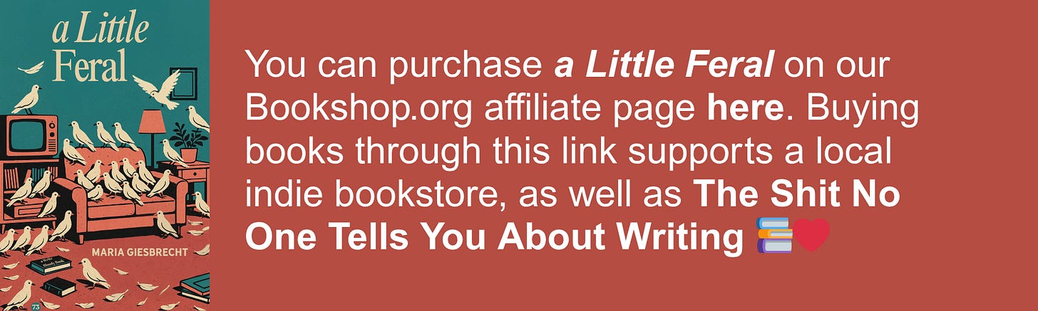 You can purchase a Little Feral on our Bookshop.org affiliate page here. Buying books through this link supports a local indie bookstore, as well as The Shit No One Tells You About Writing 📚❤️