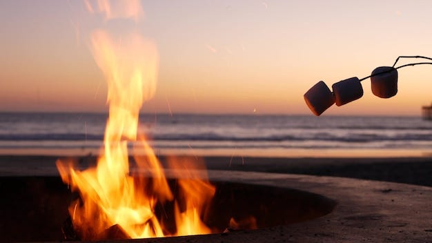 Campfire pit in California USA. Camp fire on ocean sea beach, roasting  toast marshmallow on bonfire. | Premium Photo