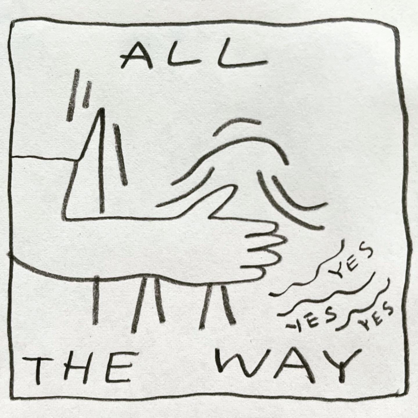 Panel 2: all the way Image: a close up of Lark's hand on their stomach, the t-shirt bending around their body underneath. Ripples emanate out from their gut, Reading "yes, yes, yes"