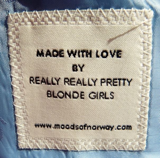 This may contain: a label on a jacket that says made with love by really really pretty blonde girls