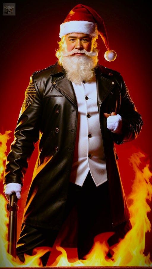 Santa Clause in a leather coat, with a shotgun, walking through hellfire