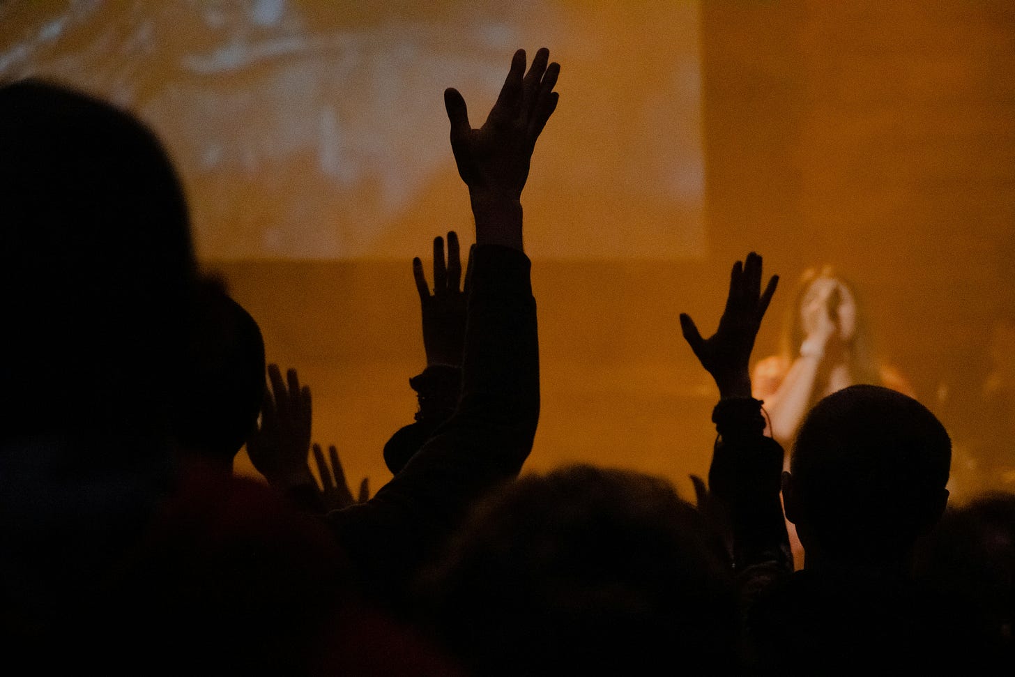 silhouetted photo of people raising their hands at a talk