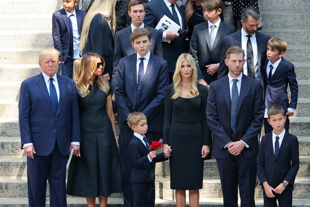 Donald Trump, Melania Trump, Barron Trump, Jared Kushner, Ivanka Trump, Donald Trump Jr. and Eric Trump are seen at the funeral of Ivana Trump on July 20, 2022 in New York City. 