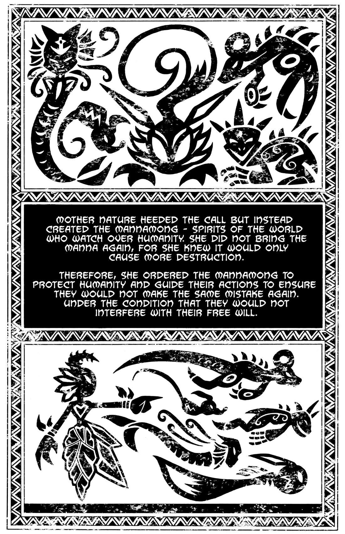 Mother Nature appears again, surrounded by spirit-like creatures — the mannamong. These mystical beings are shaped like stylized animals and energy forms. She instructs them to protect humanity without taking away their free will. Mother Nature appears again, surrounded by spirit-like creatures — the mannamong. These mystical beings are shaped like stylized animals and energy forms. She instructs them to protect humanity without taking away their free will.