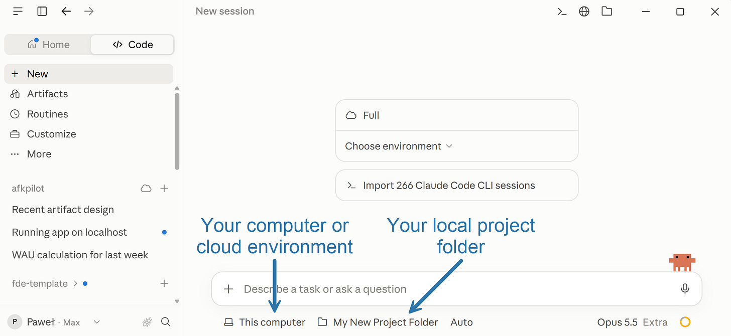 Claude Code desktop new session page: choose This computer or a cloud environment, and a local project folder Claude Code desktop new session page: choose This computer or a cloud environment, and a local project folder