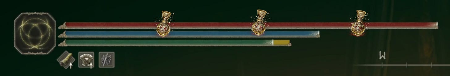 The hit point bar is much larger in this image but is segmented into four sections roughly the same size as the first image. Each segment is broken up by an image of a Flask of Crimson Tears as though instructing the player to use that item when hit points reach that milestone.