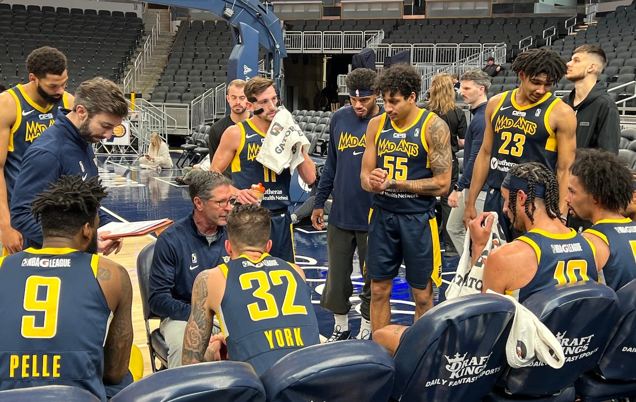 Mad Ants coach Tom Hakins talks to his team in a huddle. Mad Ants coach Tom Hakins talks to his team in a huddle.