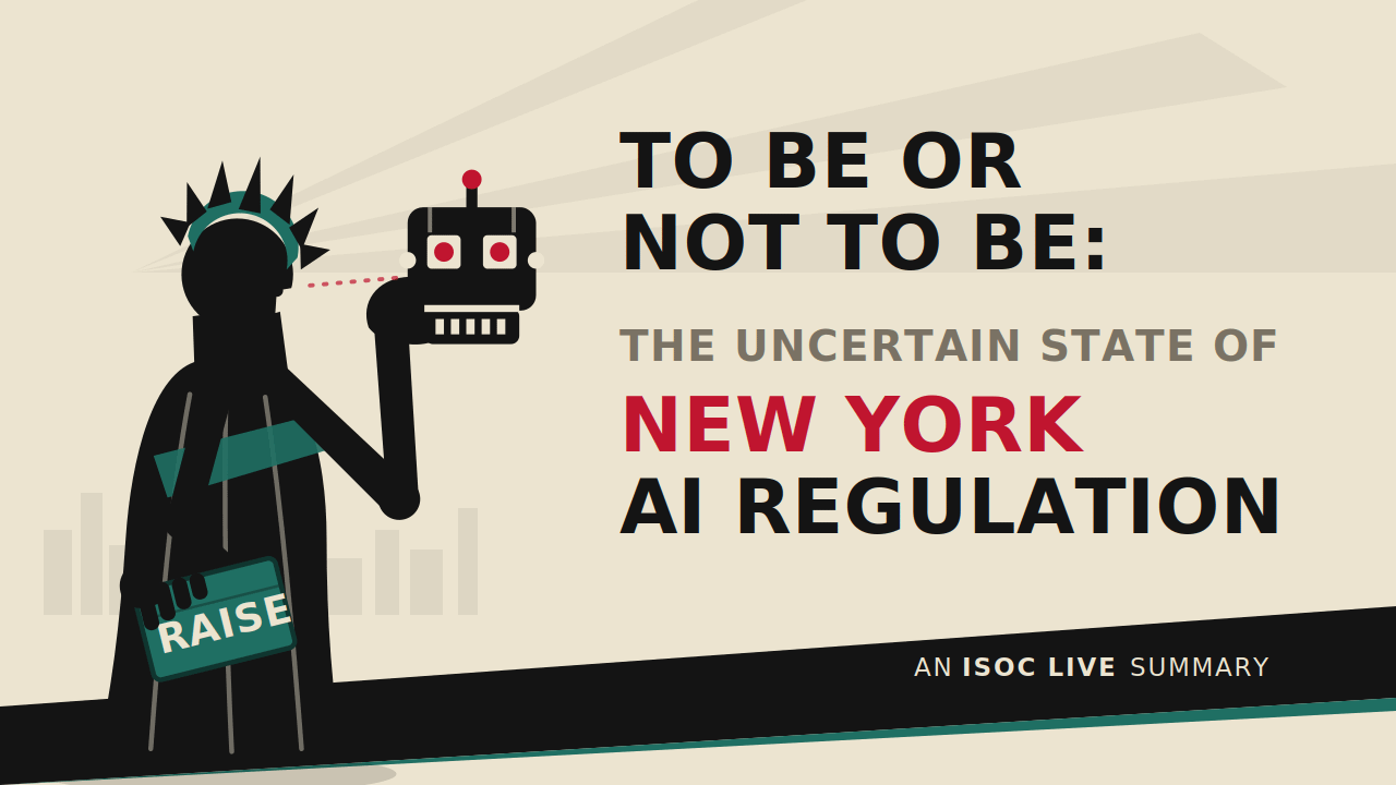 Illustration in bold constructivist style: the Statue of Liberty, rendered as a black geometric silhouette, holds up a red-eyed robot skull and contemplates it like Hamlet with Yorick. In her other hand she clutches a tablet labelled "RAISE." Title text reads "To Be or Not to Be: The Uncertain State of New York AI Regulation.Illustration in bold constructivist style: the Statue of Liberty, rendered as a black geometric silhouette, holds up a red-eyed robot skull and contemplates it like Hamlet with Yorick. In her other hand she clutches a tablet labelled "RAISE." Title text reads "To Be or Not to Be: The Uncertain State of New York AI Regulation." Illustration in bold constructivist style: the Statue of Liberty, rendered as a black geometric silhouette, holds up a red-eyed robot skull and contemplates it like Hamlet with Yorick. In her other hand she clutches a tablet labelled "RAISE." Title text reads "To Be or Not to Be: The Uncertain State of New York AI Regulation.Illustration in bold constructivist style: the Statue of Liberty, rendered as a black geometric silhouette, holds up a red-eyed robot skull and contemplates it like Hamlet with Yorick. In her other hand she clutches a tablet labelled "RAISE." Title text reads "To Be or Not to Be: The Uncertain State of New York AI Regulation."