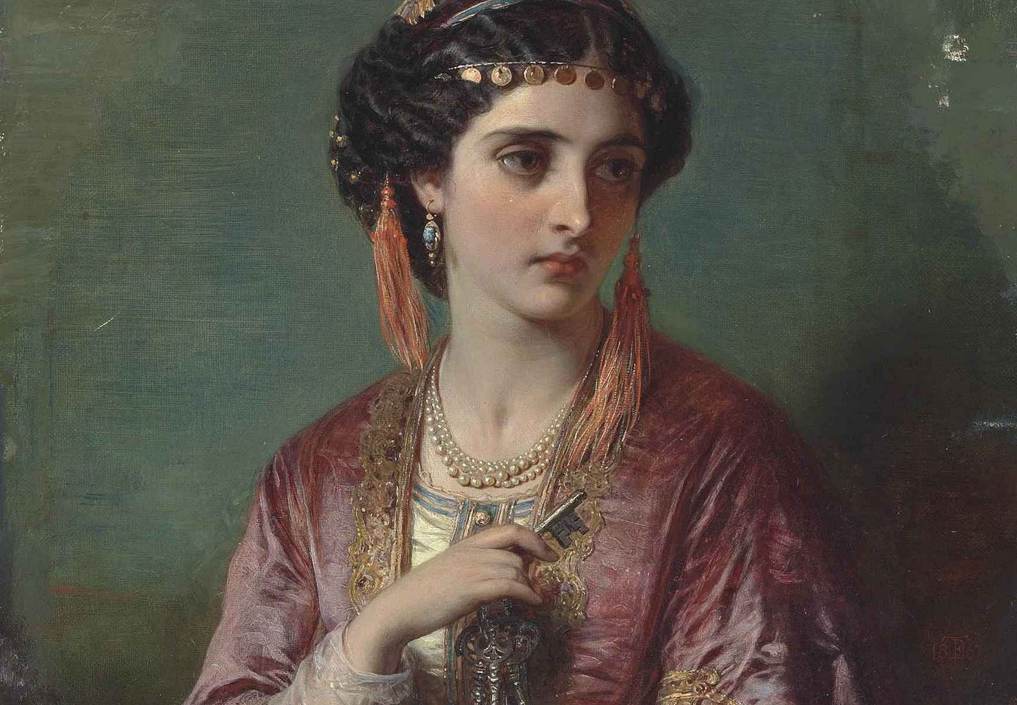 19th century painting of a large eyed, darked haired woman, adorned exotically in a coin headband with tassels and many pearl necklaces. She is dressed in muted pink silk and holds a key in her right hand