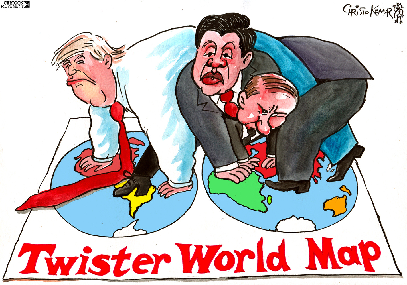 Cartoon showing Donald Trump, Vladimir Putin and Xi Jinping engaged In a game of Twister, contorted around each other. The Twitter game mat is a map of the world.
