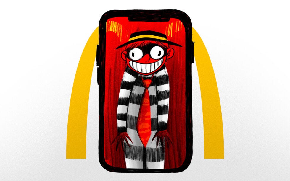 McDonald’s y la nueva filtración de datos, en una ilustración de Gibrán Aquino para la ONG R3D. https://r3d.mx/2025/07/25/el-bot-de-contratacion-de-mcdonalds-revela-informacion-personal-de-aspirantes-a-trabajar-con-la-empresa/