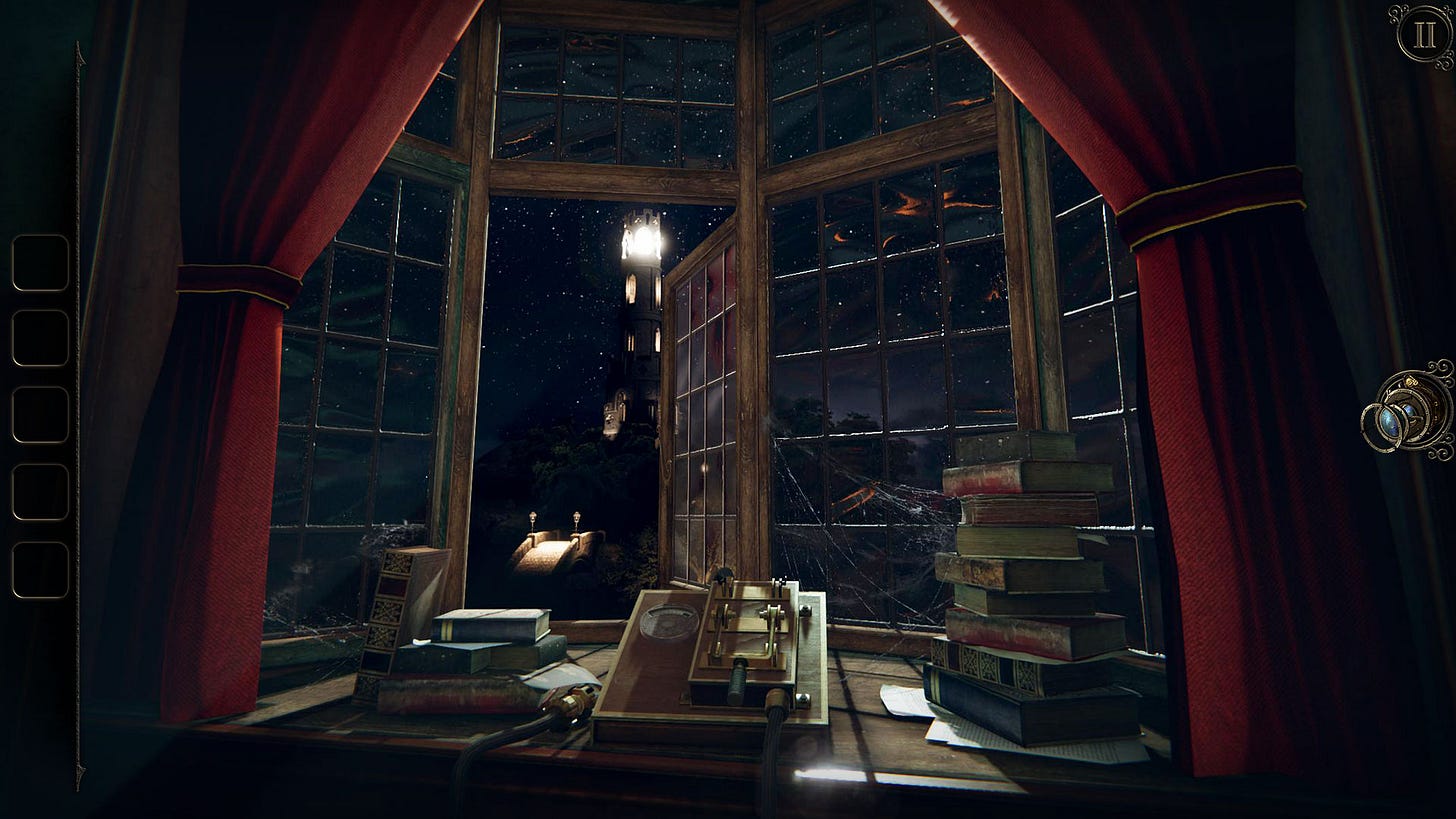 Dimly lit, atmospheric room viewed from inside, looking out through a large bay window at night. Red curtains frame the window, and outside a tall lighthouse glows against a starry sky. On the windowsill and desk are stacks of old books, loose papers, and a mechanical puzzle device with metal parts and cables. The glass panes are cracked in places, adding a mysterious, eerie mood, and subtle game interface elements appear along the edges of the screen.