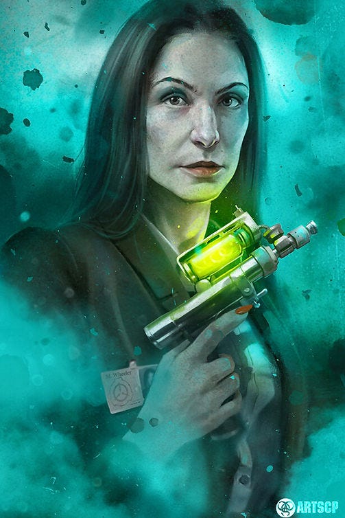 Woman in a suit holding a glowing sci-fi gun. She has a serious expression. Background is teal with abstract patterns. Name tag reads "M. Wheeler."