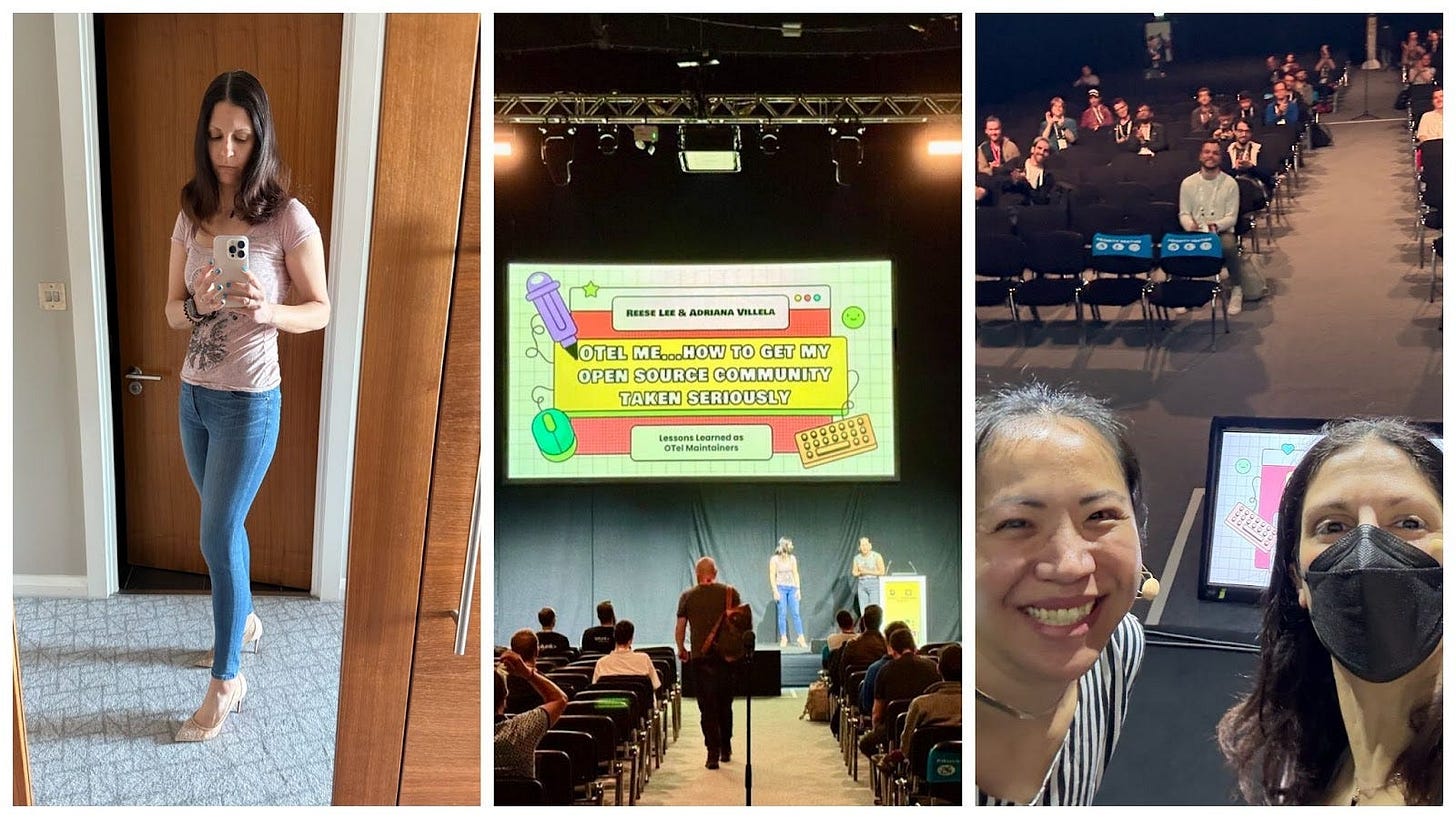 A collage of three photos. The first photo shows a person taking a mirror selfie, wearing a pink top, blue jeans, and beige heels. The second photo captures a conference presentation titled “OTel me…How to get my open source community taken seriously,” presented by Reese Lee and Adriana Villela. The third photo offers a view from the stage at the conference, with an audience visible, two individuals taking a selfie with blurred faces, and a presentation slide displayed on a large screen.