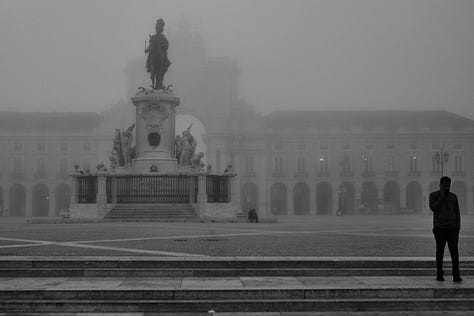 Black and white views of fog over the riverside, Lisbon