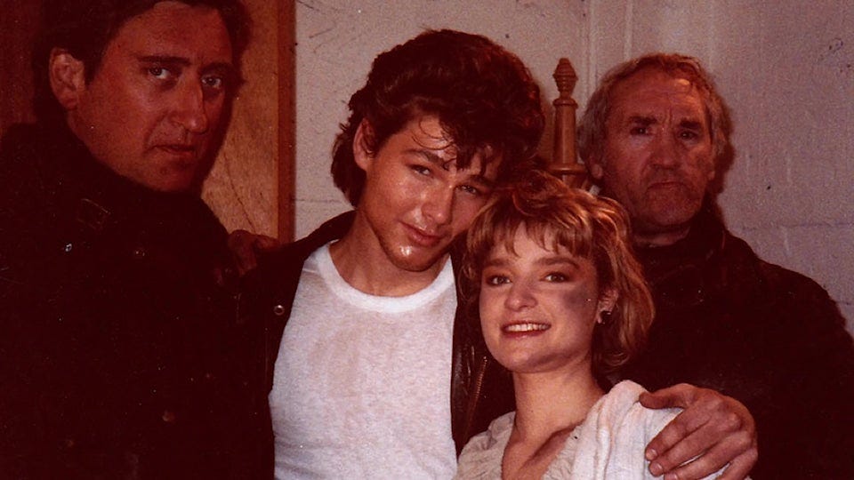 r/OldSchoolCool - A-ha's lead singer Morten Harket and actress Bunty Bailey together with the two evil motorcyclists during the shooting of the music video 'Take On Me'. 1985