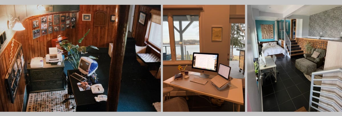 Three views of the downstairs office, one pre-renovation with an old computer.  It is a space without interior doors.