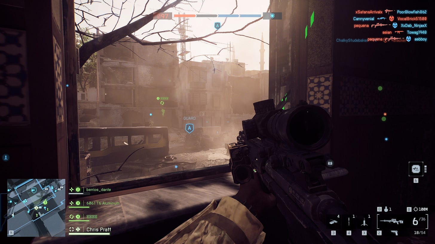 Gameplay screenshot of Battlefield 6, taken on an RTX 2070 Super Max Q, on the map "Siege of Cairo." The graphical quality is of a lower state, but looks decent enough.