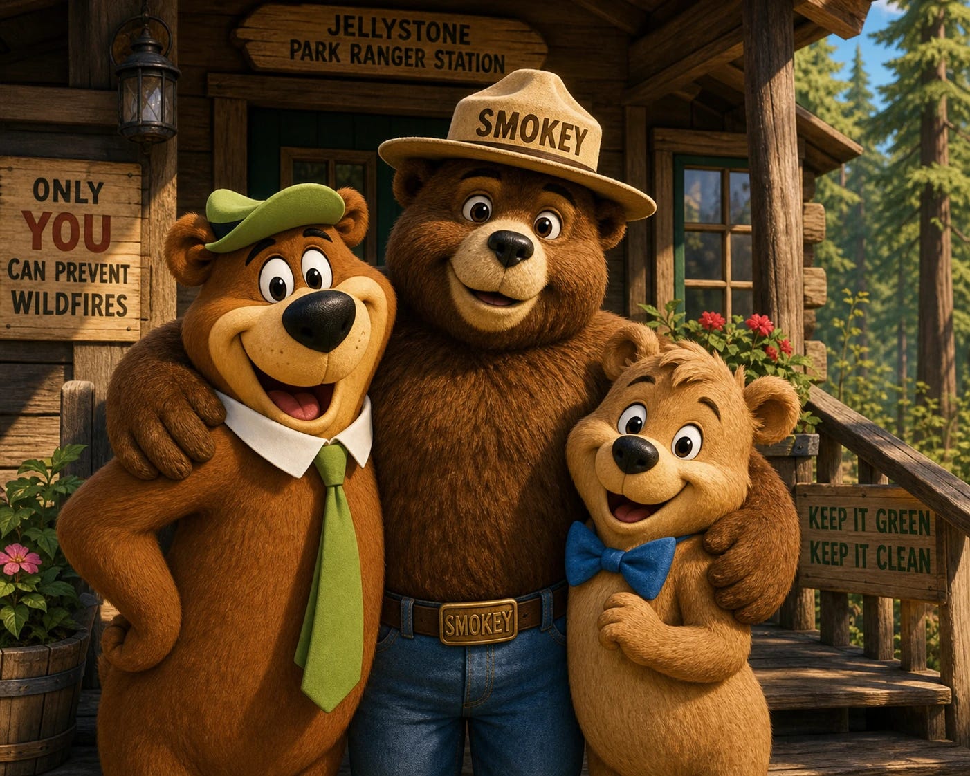 Smokey the bear in his ranger hat with "SMOKEY" on the hat.  embracing his throuple companions cartoon characters Yogi and Boo Boo at their cabin 
