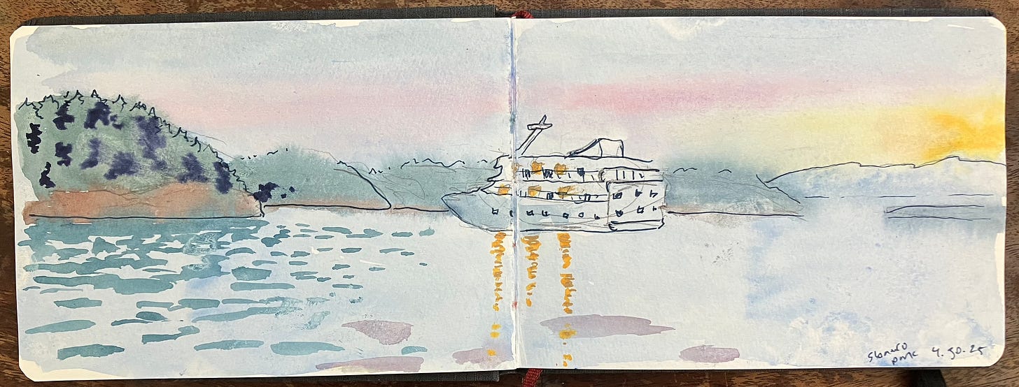 a watercolor painting of a boat at sunset floating in a misty archipelago