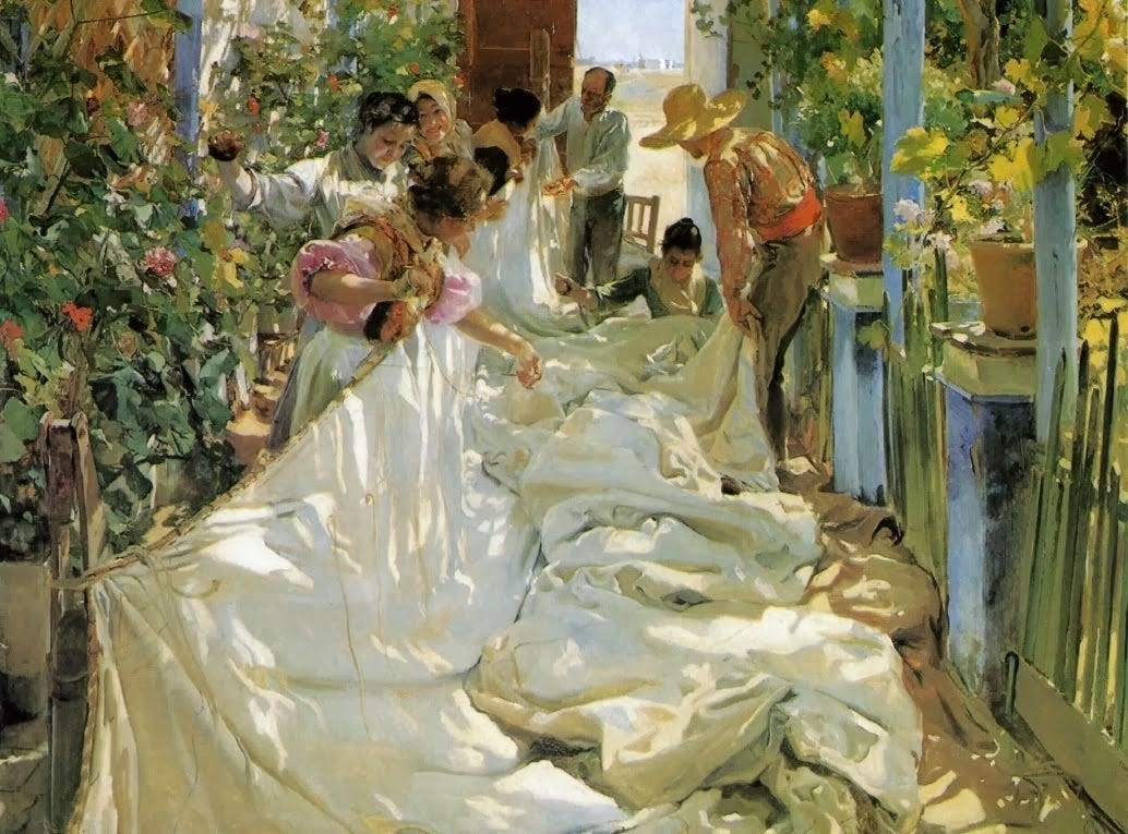 The painting Mending the Sail, 1896, Oil on canvas. Light plays over billowing fabric and people at work mending it.