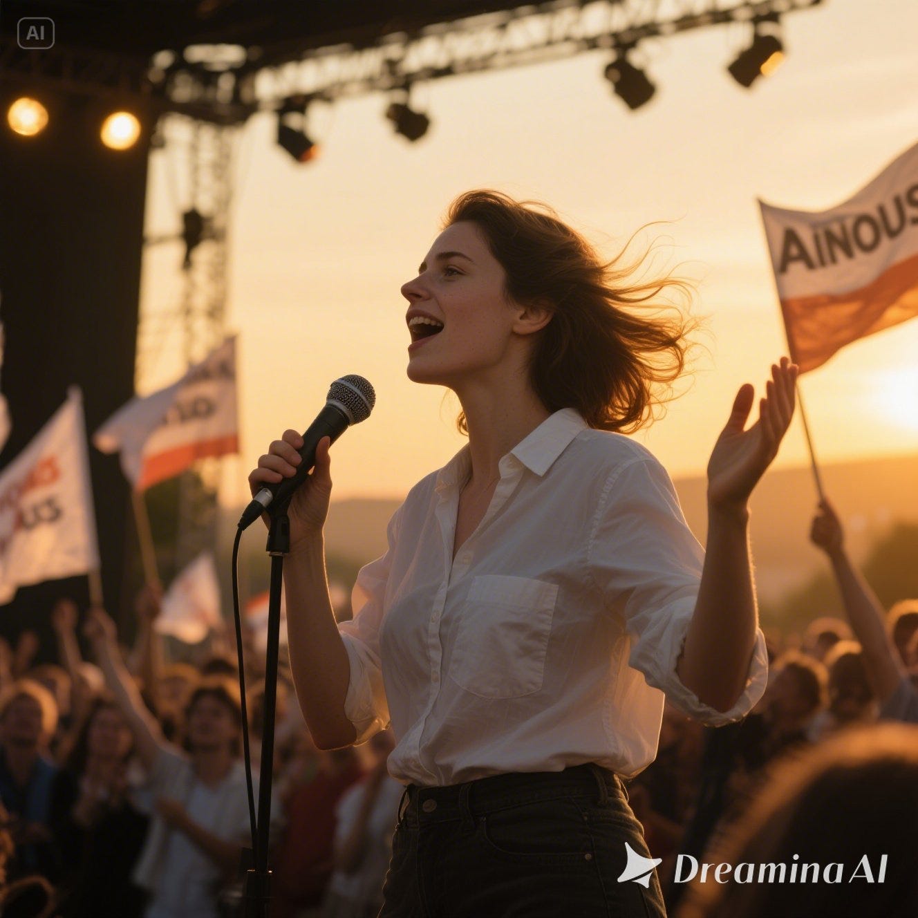 "Primer plano dinámico de una mujer política carismática dando un discurso inspirador durante un mitin multitudinario. Atardecer dorado de fondo, luz natural mezclada con focos de escenario. El viento mueve ligeramente su cabello mientras gesticula con fuerza y pasión. Público en segundo plano, ondeando pancartas. Realismo fotográfico, composición cinematográfica, nitidez extrema, emociones captadas con intensidad, estilo fotoperiodismo de alta gama." "Primer plano dinámico de una mujer política carismática dando un discurso inspirador durante un mitin multitudinario. Atardecer dorado de fondo, luz natural mezclada con focos de escenario. El viento mueve ligeramente su cabello mientras gesticula con fuerza y pasión. Público en segundo plano, ondeando pancartas. Realismo fotográfico, composición cinematográfica, nitidez extrema, emociones captadas con intensidad, estilo fotoperiodismo de alta gama."