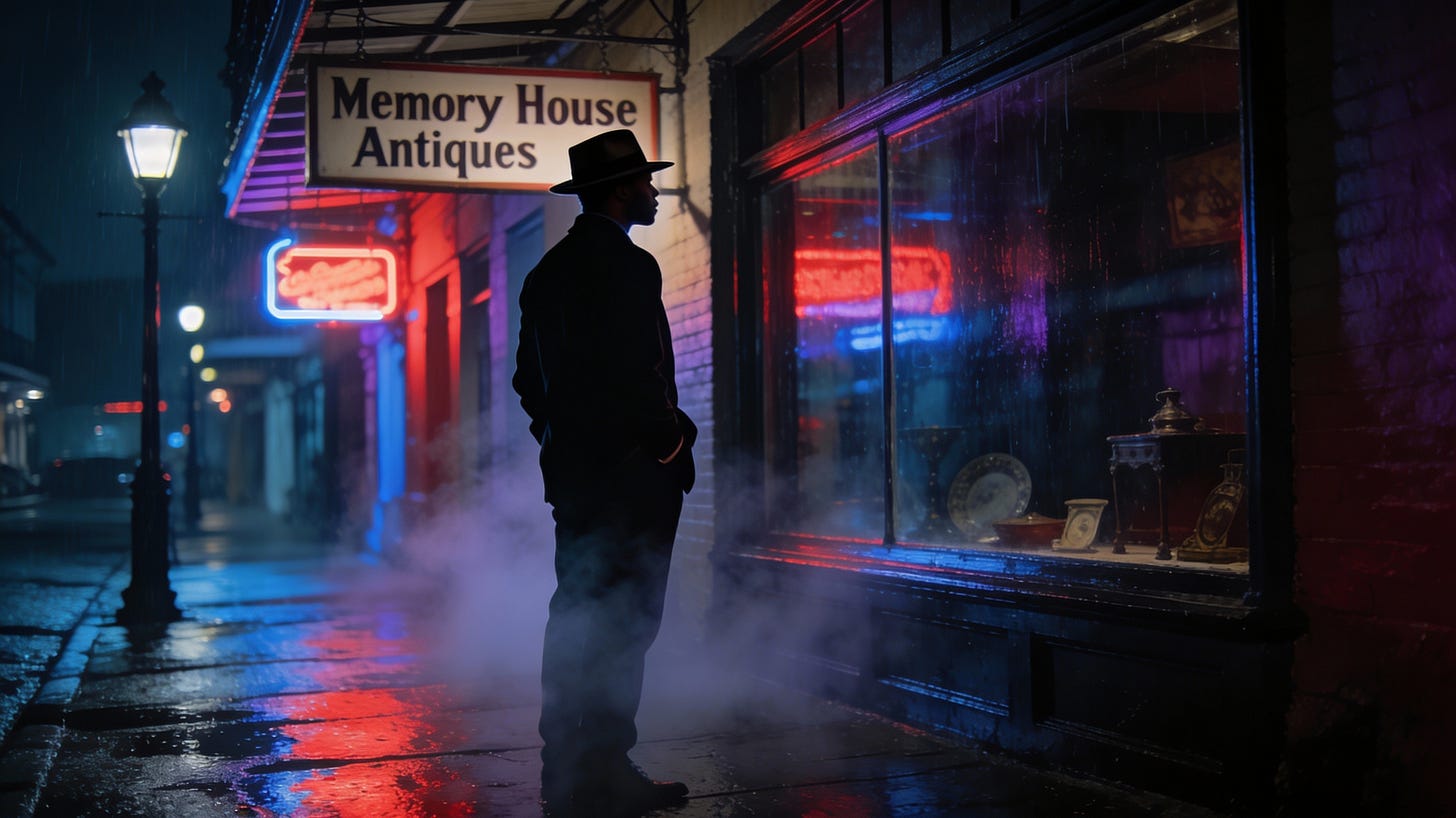 Noir journalist in fedora outside Memory House Antiques at night with neon reflections and fog Noir journalist in fedora outside Memory House Antiques at night with neon reflections and fog