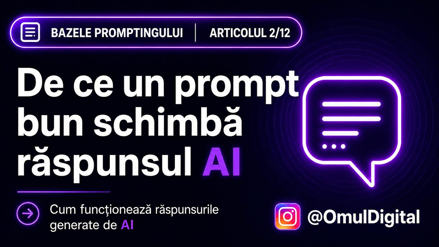 Cover pentru seria „Bazele promptingului” de la Omul Digital, cu titlul articolului, icon de chat și design mov dedicat materialelor despre prompt engineering.
