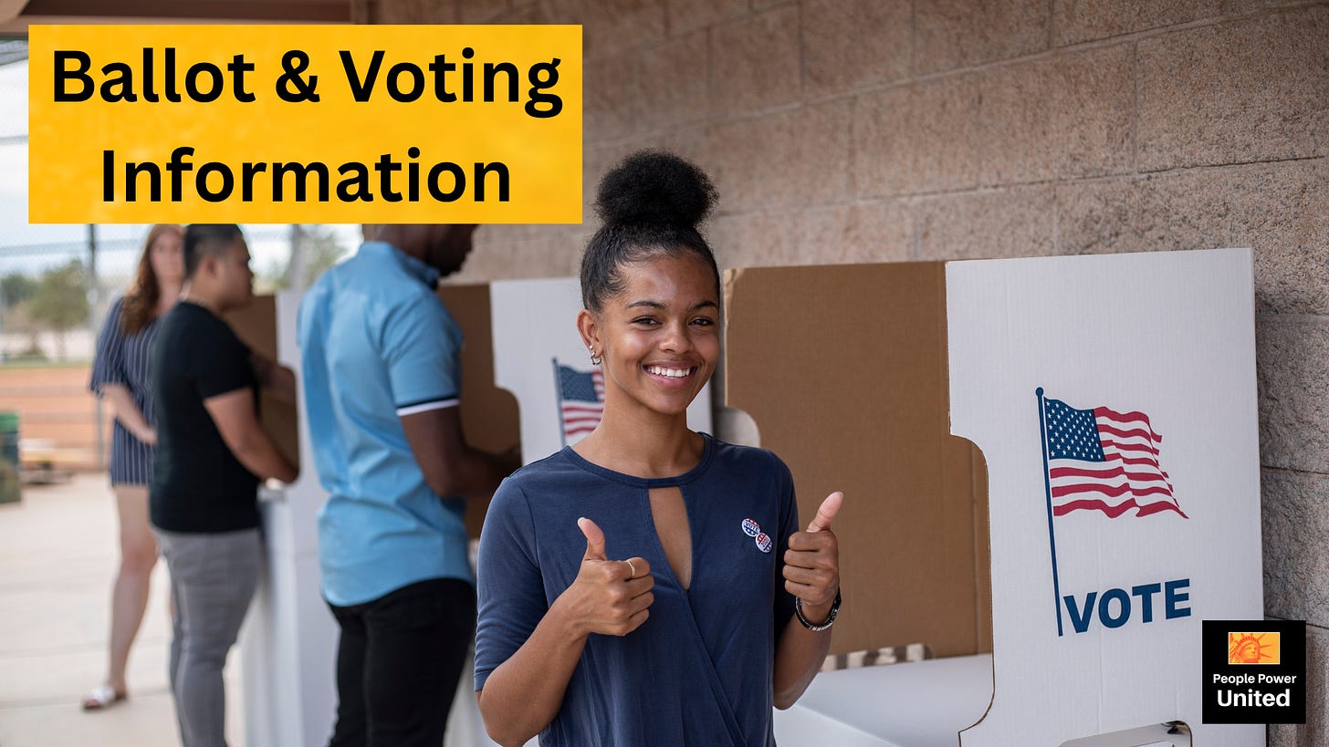 ballot and voting information. image of a group of people voting with people power united logo in corner.