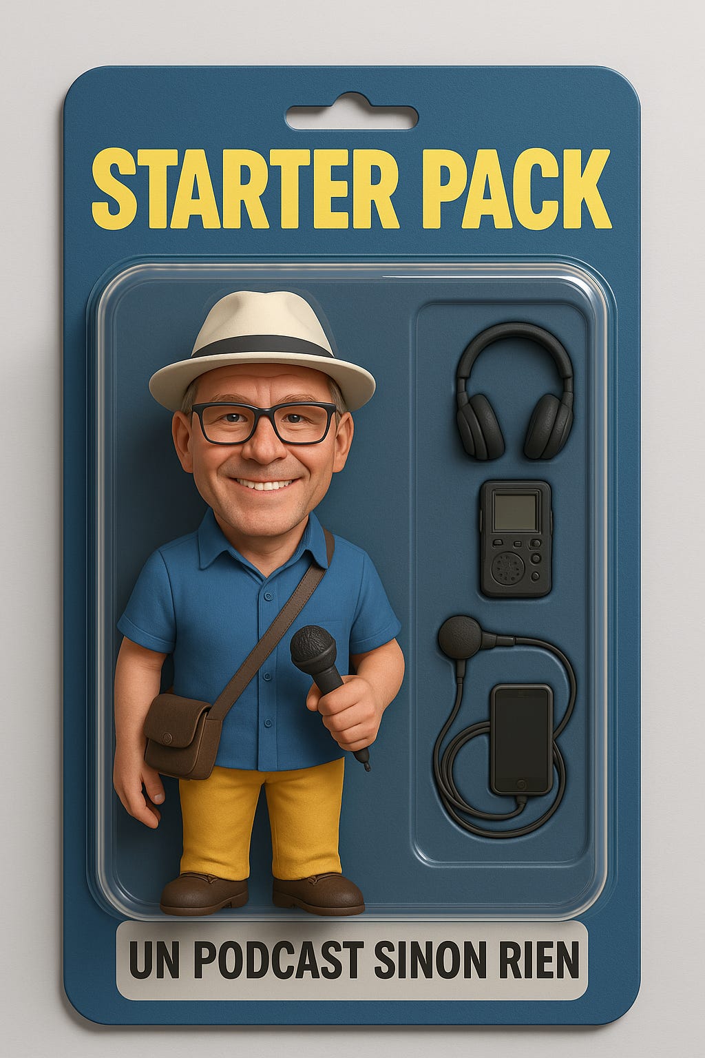 Figurine au trait de Christian d'un podcast sinon rien avec en accessoire micro enregistreur casque et smartphone micro cravatte