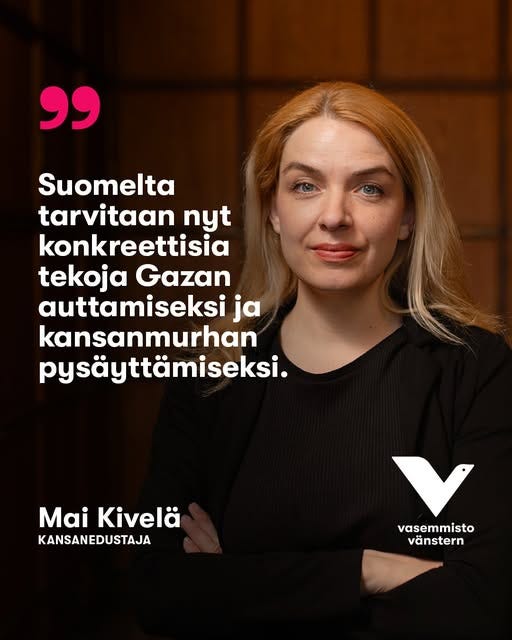 The initiative was made by city councilor Mai Kivelä (Left Alliance) and was supported by 25 councilors. In recent years, Kivelä has become known as a vocal Palestine-activist. Her party is known for harboring, working together and sharing spaces with Sumud/Hamas-connected muslim radical activists. The initiative was made by city councilor Mai Kivelä (Left Alliance) and was supported by 25 councilors. In recent years, Kivelä has become known as a vocal Palestine-activist. Her party is known for harboring, working together and sharing spaces with Sumud/Hamas-connected muslim radical activists.