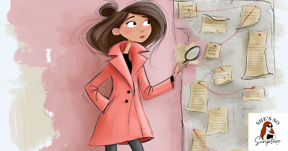 Whimsical fashion illustration of a detective woman at an ancient evidence board covered in papyrus fragments and Greek text, blush pink and cream watercolor tones Whimsical fashion illustration of a detective woman at an ancient evidence board covered in papyrus fragments and Greek text, blush pink and cream watercolor tones