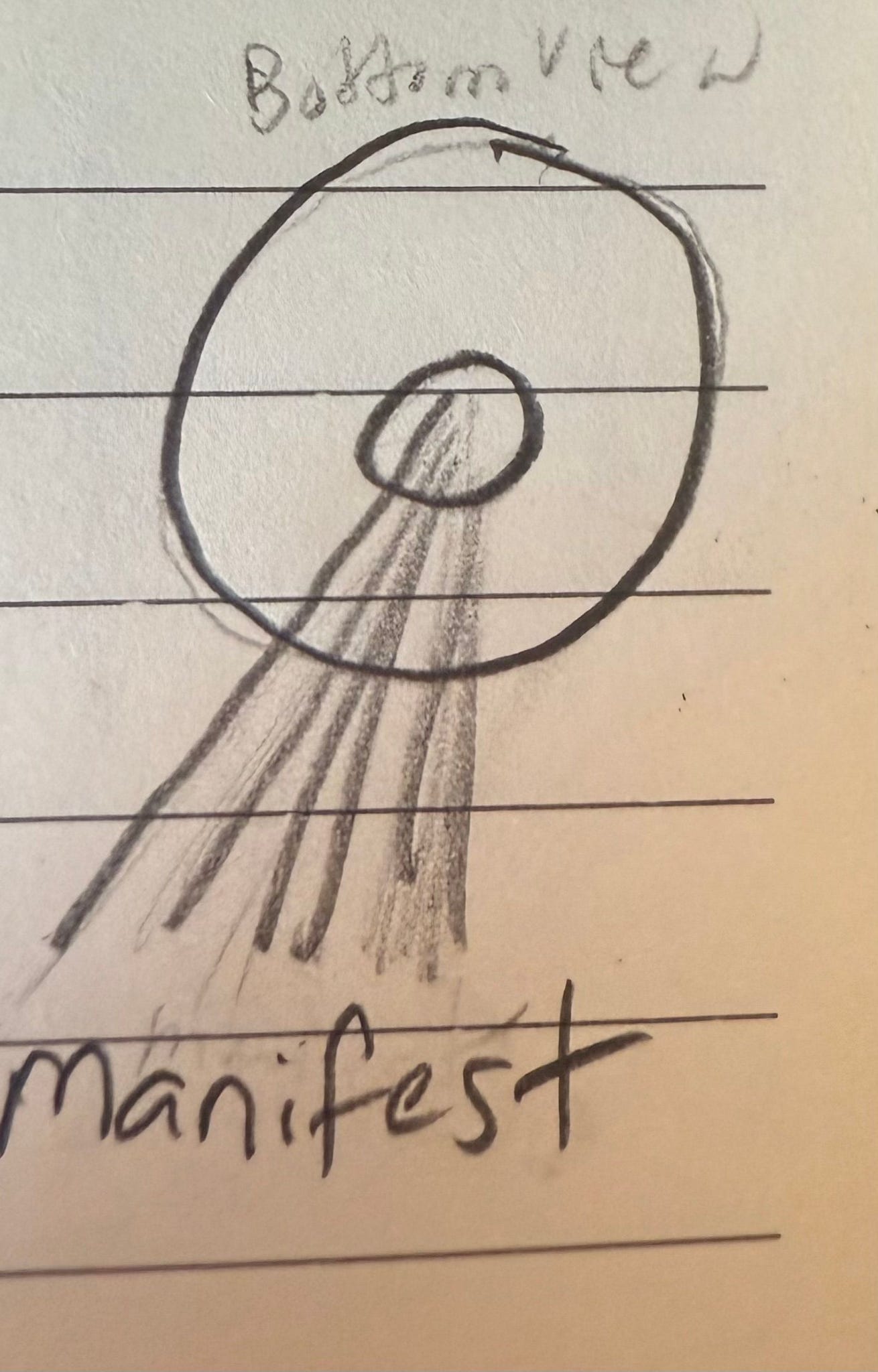Close-up pencil sketch of a circular craft emitting a shaded beam downward, with the word “manifest” written below on lined paper.