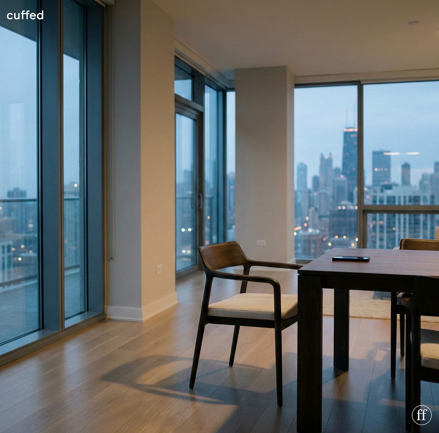 square cinematic image of a modern luxury chicago apartment at dusk with floor-to-ceiling windows overlooking the skyline. an empty chair sits slightly pulled back from a dark wood table with a phone lying face-up and unread. soft blue evening light mixes with warm interior tones, creating a quiet sense of absence and unresolved tension. minimalist, contemplative mood. small cuffed logo top left, fused “ff” mark bottom right. seo tags: ghosting, emotional avoidance, silence, modern dating, unresolved endings