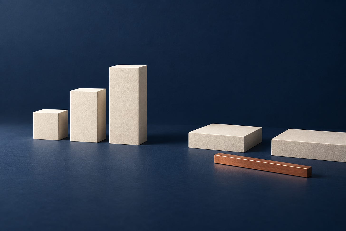 Editorial illustration of three ivory pillars, two separated ivory slabs and a copper bar on a navy surface. Editorial illustration of three ivory pillars, two separated ivory slabs and a copper bar on a navy surface.