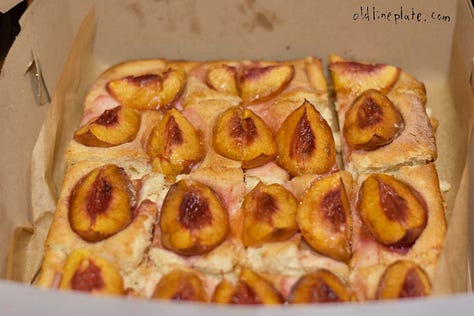 photos of peach cake dough rise and sliced peaches