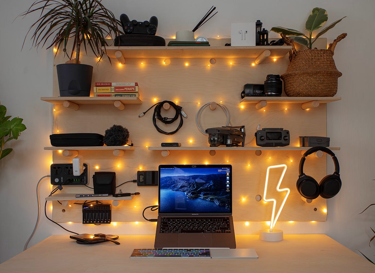 equipment table with laptop and other gear