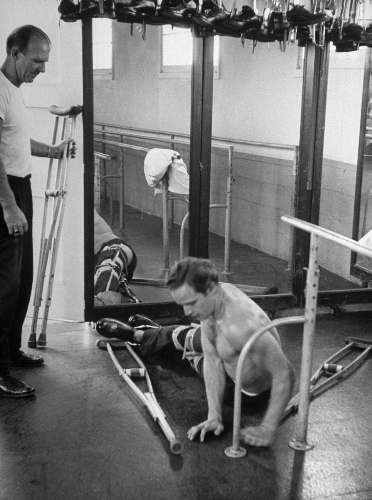 Marlon Brando while training for his role in The Men, at the Birmingham Veterans Administration Hospital, Van Nuys, Calif., 1949.