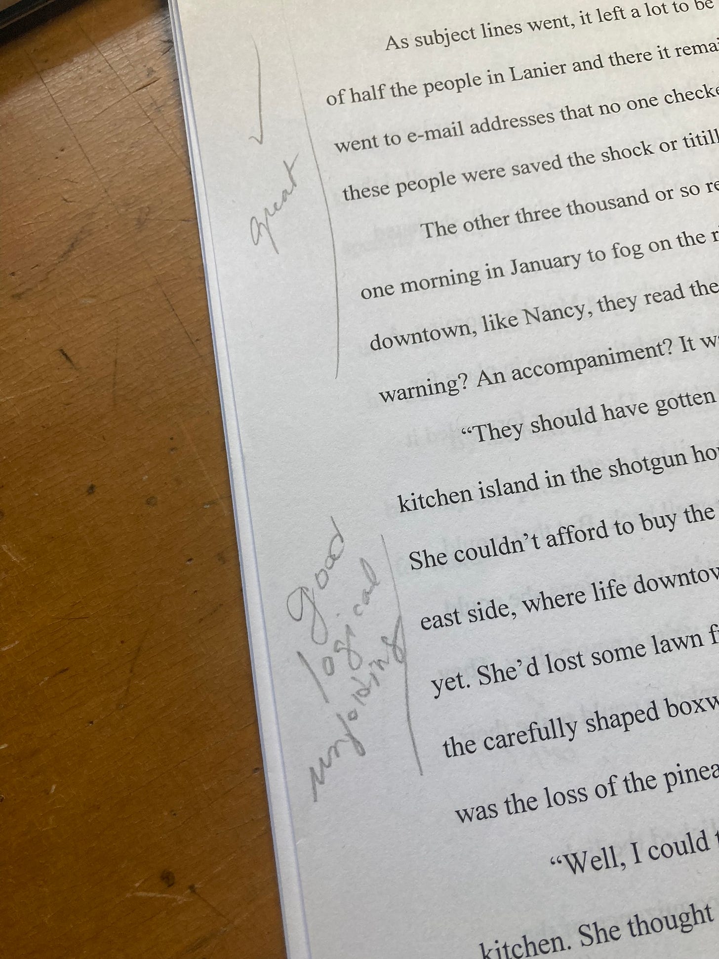 Image of a manuscript with hand-written note in the margins reading "great", in Elizabeth Strout's handwriting!