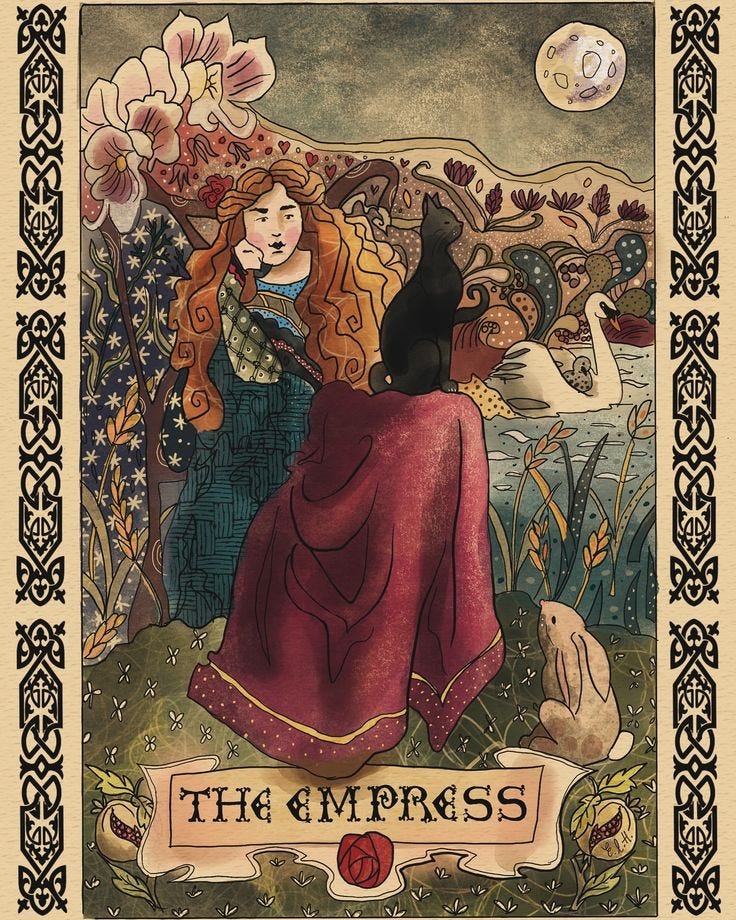 This may contain: an illustration of a woman sitting next to a cat on top of a grass covered field