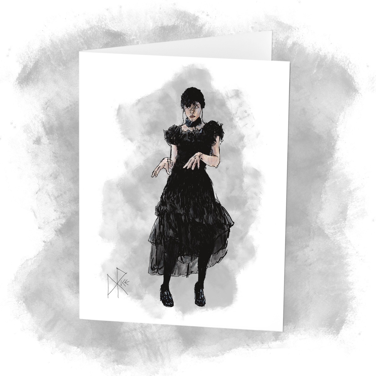 Jenna Ortega as Wednesday Addams, zombie dancing while wearing a black ballgown. Sketch art by Don Rice. Jenna Ortega as Wednesday Addams, zombie dancing while wearing a black ballgown. Sketch art by Don Rice.
